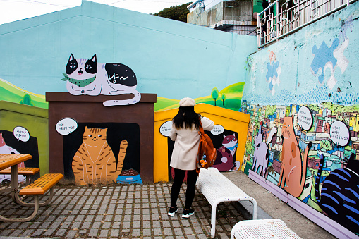 Art painting drawing cat and view landscape cityscape of Gamcheon Culture Village or Santorini of Pusan city for korean people foreign travelers travel visit on February 18, 2023 at Busan, South Korea