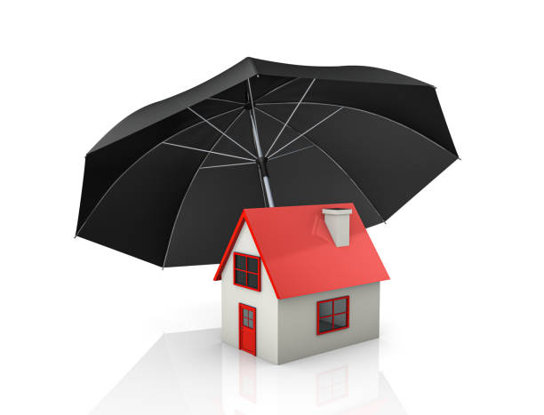istock Home security and protection concept. House under umbrella. 1481834115