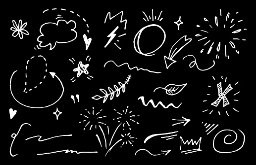 Vector doodle collection of design element. curly swishes, swoops, swirl, arrow, heart, love, crown, flower, star, firework, highlight text and emphasis element. use for concept design