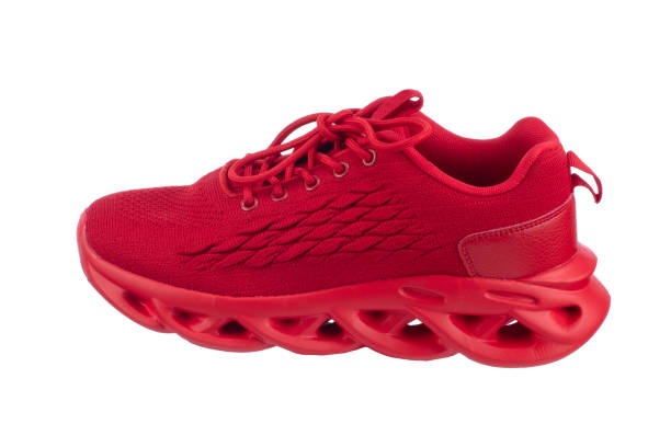 istock Red rag sneaker with a corrugated sole on a white background. Sport shoes. 1481835211