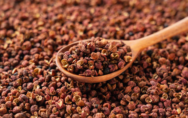 istock Sichuan pepper and wooden spoons placed throughout the screen. 1481837434