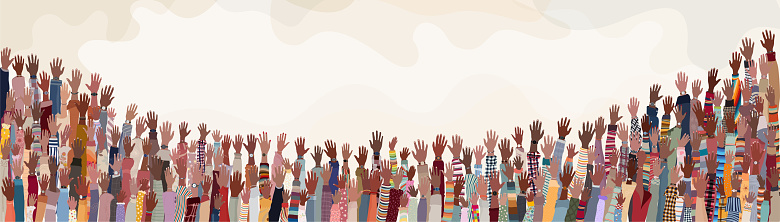 Group of raised hands and arms of many people of African or African American culture. Racial equality concept. Human rights concept. Black history month concept
