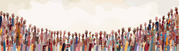 Many black skin African American men women children seniors  group hand raised on colored background copy space. Black history month concept banner poster. Racial equality.Mixed age range Group of raised hands and arms of many people of African or African American culture. Racial equality concept. Human rights concept. Black history month concept women history month stock illustrations