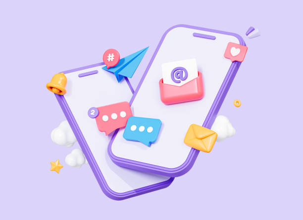 istock 3D Two mobile phone with message communication. Send email via smartphone. Social media promotion and newsletter. Online chat. Cartoon creative design icon isolated on purple background. 3D Rendering 1481839063