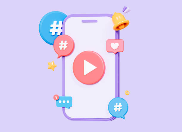istock 3D Mobile phone with video play button and hashtag. Live streaming concept. Social media marketing. Online cinema player. Cartoon creative design icon isolated on purple background. 3D Rendering 1481839067