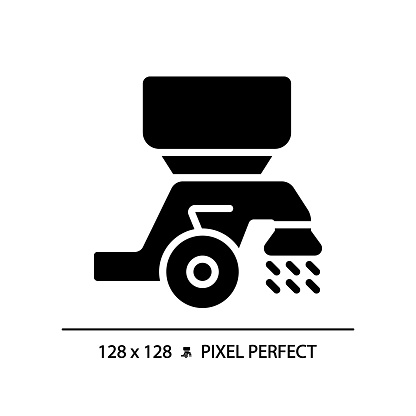 Seed drill black glyph icon. Modern tractor. Farm equipment. Spreader machine. Broadcast seeder. Planting grain. Silhouette symbol on white space. Solid pictogram. Vector isolated illustration