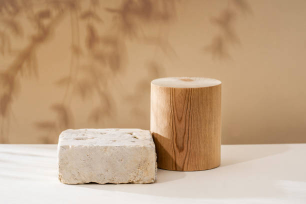 istock Composition empty podium material wood and glass geometric shape. Pastel beige background. Beautiful background made of natural materials for product presentation. 1481840548