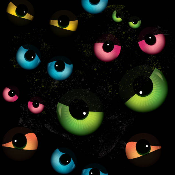 Spooky cat eyes seamless background Vector illustration of various spooky cat eyes on a black background with subtle texture. Download includes Illustrator 10 eps with transparencies, high resolution jpg and png file. creepy glowing eyes stock illustrations