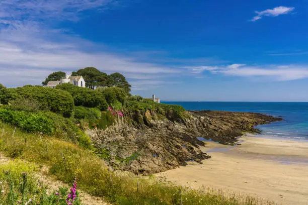 The headland and beach at Chapel Point (near Portmellon) in Cornwall. This beautiful unspoiled beach is on the South West Coast Path near Mevagissey