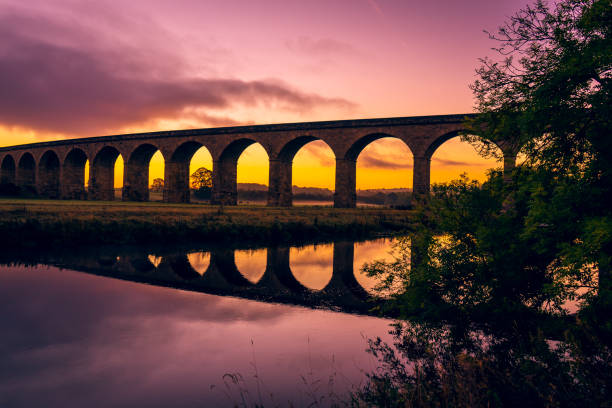 Arthington Viaduct over the River Wharfe at sunrise.