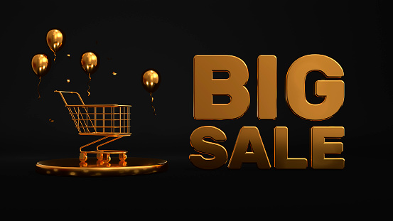 Big sale golden inscription with a golden shopping cart standing on a golden podium with golden balloons and golden confetti. 3d rendering, illustration