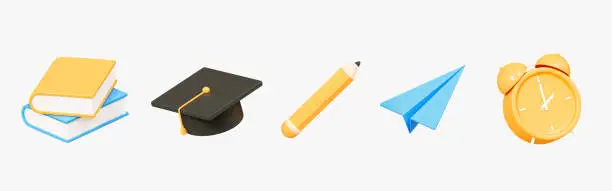 Photo of 3D School and education set icon. Stationery for study and work. Book, graduation hat, pencil, paper airplane and alarm clock. Cartoon creative design icon isolated on white background. 3D Rendering