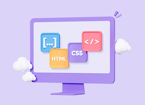 3D Computer monitor and program code development. Web coding concept. Website programming. Realistic elements. IT technologies. Cartoon creative design icon isolated on purple background. 3D Rendering