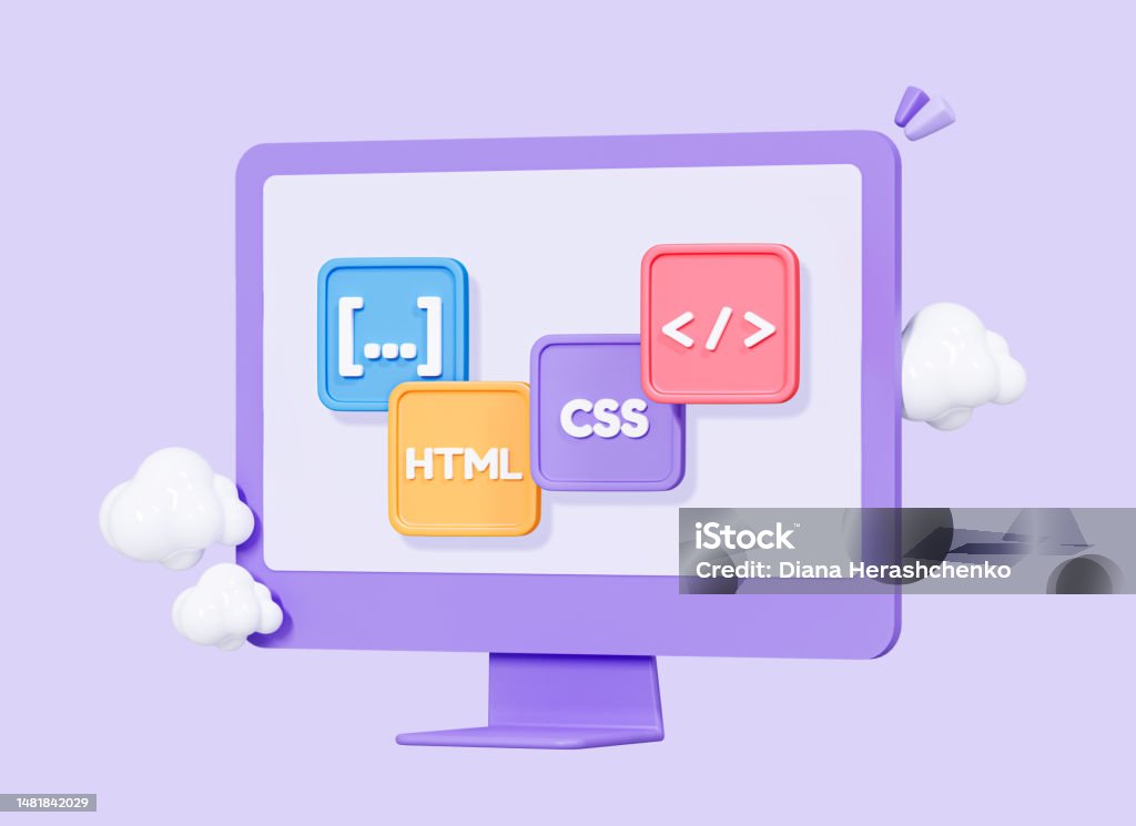 3D Computer monitor and program code development. Web coding concept. Website programming. Realistic elements. IT technologies. Cartoon creative design icon isolated on purple background. 3D Rendering Broadcast Programming Stock Photo