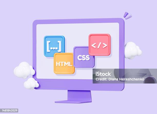 3d Computer Monitor And Program Code Development Web Coding Concept Website Programming Realistic Elements It Technologies Cartoon Creative Design Icon Isolated On Purple Background 3d Rendering Stock Photo - Download Image Now