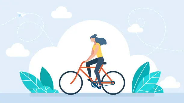 Vector illustration of A young woman rides a red bicycle. Bicycle riding girl. Adult woman riding bicycles. Stylish female hipsters on bicycle. Side view. Cool businesswoman riding a bicycle to office. Vector illustration