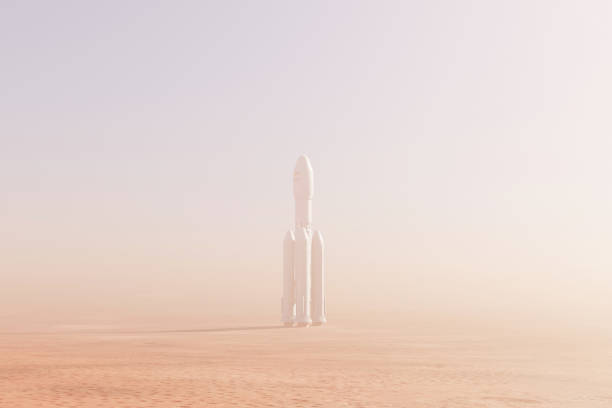 istock Rocket over Martian desert surface, fog in the atmosphere. 3d illustration 1481842287