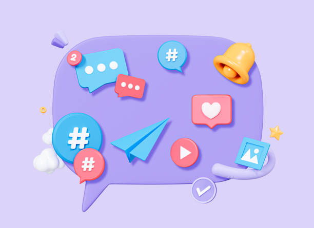 istock 3D Social media communication. Speech bubble message with bell, hashtag and like. Photo and video content in network concept. Cartoon creative design isolated on purple background. 3D Rendering 1481842641