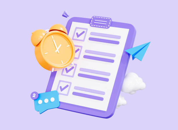 istock 3D Clipboard with task list and alarm clock. Time management concept. Office paper document. Work project plan. Exam form. Cartoon creative design icon isolated on purple background. 3D Rendering 1481842647