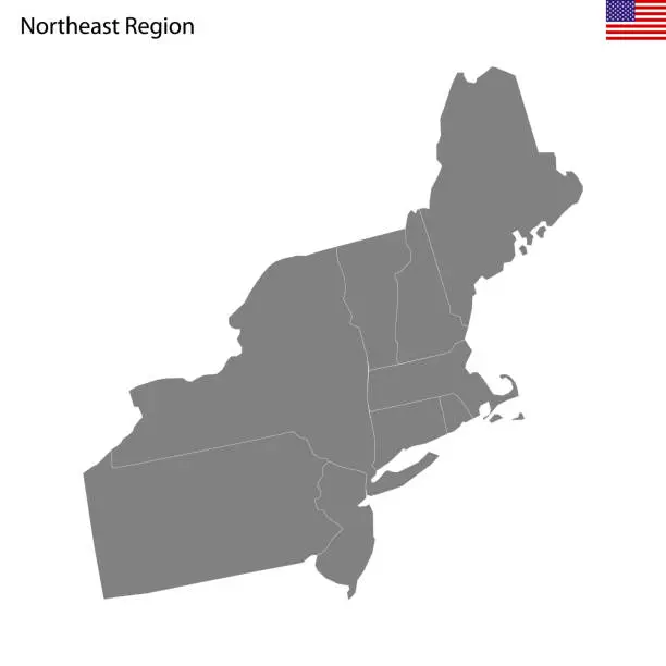 Vector illustration of High Quality map of Northeast region of United States of America with borders