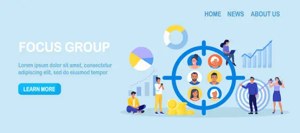 Vector illustration of Marketing social focus group. People avatars in crosshair. Businessmen study audience, research consumer behavior. Target audience at aim. Customer attraction campaign, accurate seo, advertising