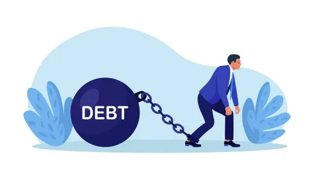 Vector illustration of Businessman chained to heavy debt weight with shackles. Financial crisis, obligation burden. Depressed exhausted worker tied by chain to huge dumbbell. Debtor pulling his debt. Tax, fee and bankruptcy