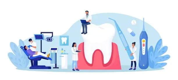 Vector illustration of Dentist appointment, stomatology. Dental checkup, teeth care procedures. Teeth whitening and professional cleaning. Cosmetic dentistry. Dentist doctor in uniform treating tooth using medical equipment