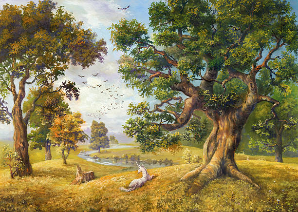 alive земля - tree forest oak tree landscape stock illustrations