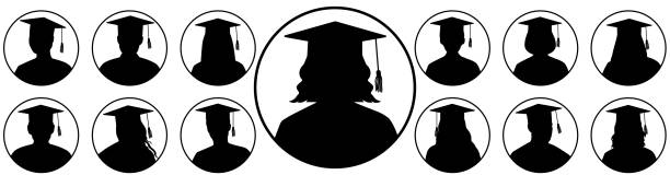 avatar eines doktoranden, porträts anonymer personen, set von silhouetten. vektorillustration - silhouette student teenager university stock-grafiken, -clipart, -cartoons und -symbole