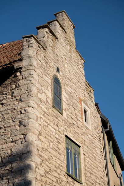 istock Low angle vertical shot of an old building against a bright blue sky 1481846235