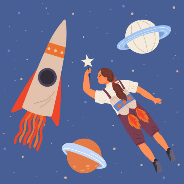 istock Astronaut woman with jet backpack flying among planets. Lady dressed as spaceman dreams about space 1481847801