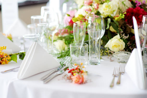 istock Beautiful table setting with crockery and flowers for a party, wedding reception or other festive event 1481847833
