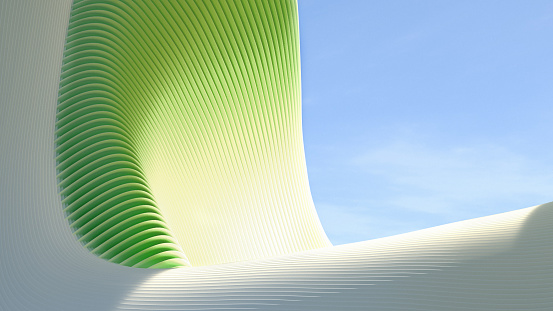 Abstract green architecture with organic shapes, 3D render.