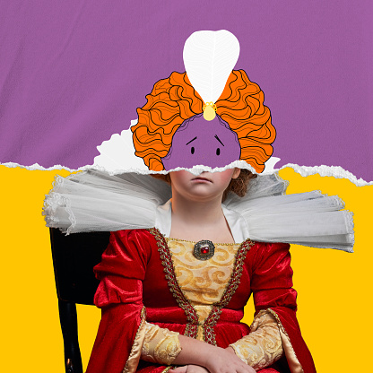 Collage de arte contemporáneo con garabatos. Niña pelirroja, niña disfrazada de persona real con elementos dibujados photo