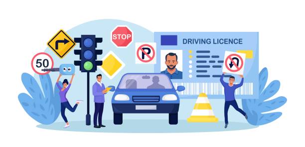 illustrazioni stock, clip art, cartoni animati e icone di tendenza di autoscuola. begginer driver che impara il parcheggio all'esame di guida. istruttore che controlla la conoscenza degli studenti delle regole stradali del codice stradale. studio della segnaletica stradale, ricezione della patente di guida. tirocinio - driving training car safety