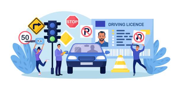 ilustrações de stock, clip art, desenhos animados e ícones de driving school. begginer driver learning parking on driving examination. instructor checking student knowledge of traffic law road rule. study of road signs, receiving drivers license.training course - driving training car safety