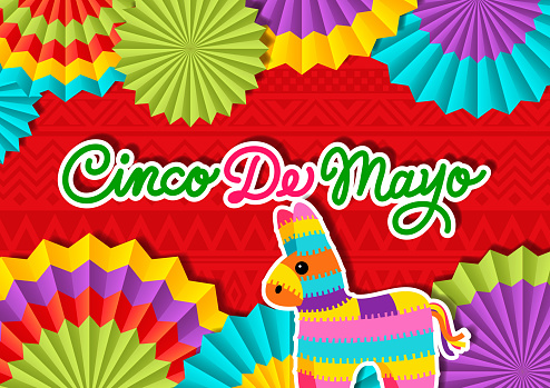 Join the Cinco De Mayo Fiesta held on 5 May with paper craft of pinata and colorful party paper fans on the red folk art pattern