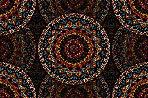 Illustration traditional mandala round overlapping shape seamless pattern background. Ethnic geometric pattern use for fabric, home decoration elements.