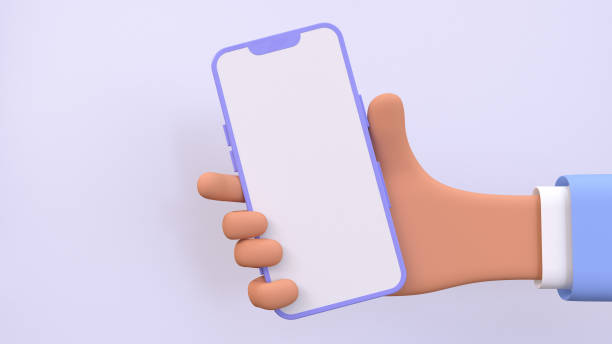 istock 3D Cartoon hand holding smartphone isolated on purple background, Hand using mobile phone mockup. 3d render illustration. 1481850129