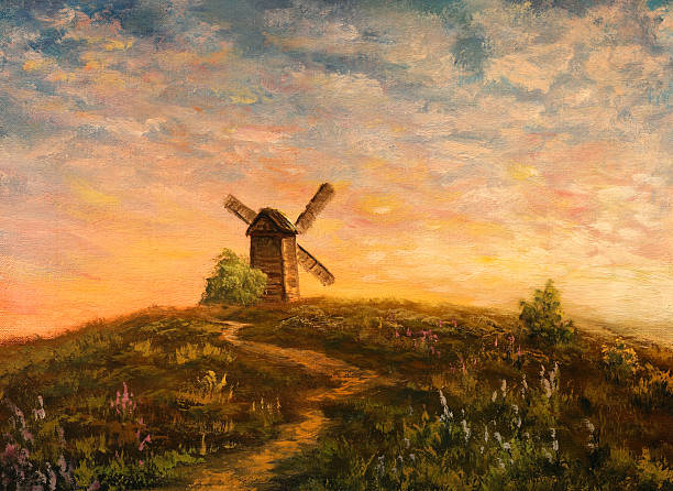 wiatr dostarczył energii elektrycznej budowę - scenics landscape windmill sunrise stock illustrations