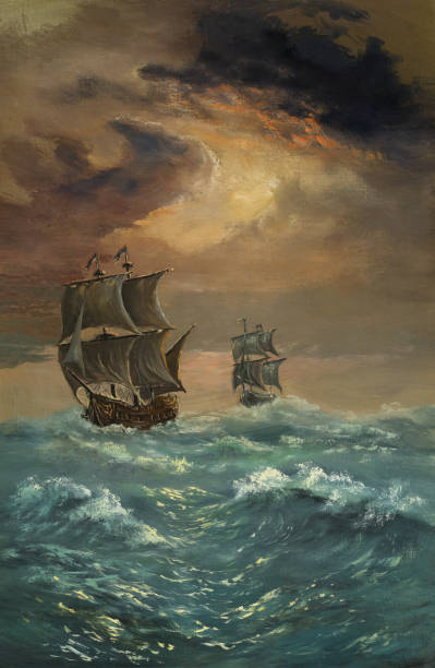 istock Painting of two ships sailing on a rough sea 148185058