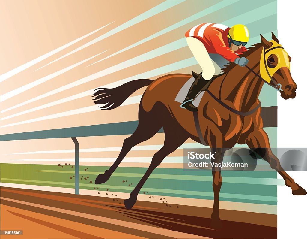 Thoroughbred Horse Racing Illustration of a powerful purebred horse and jockey winning the horse race. Al the main elemements of illustration are placed on separate layers for easy editing. High resolution JPG and Illustrator 0.8 EPS included. Horse Racing stock vector