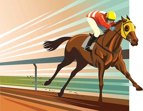 Thoroughbred Horse Racing Illustration of a powerful purebred horse and jockey winning the horse race. Al the main elemements of illustration are placed on separate layers for easy editing. High resolution JPG and Illustrator 0.8 EPS included. jockey stock illustrations