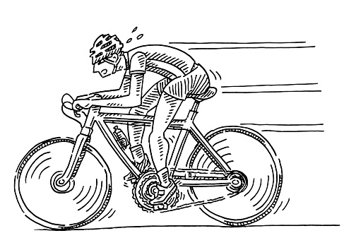 Hand-drawn vector drawing of a Cartoon Racing Cyclist. Black-and-White sketch on a transparent background (.eps-file). Included files are EPS (v10) and Hi-Res JPG.