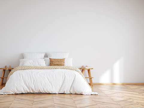 Home mockup, white cozy bedroom interior with double bed and white blank wall, 3d render