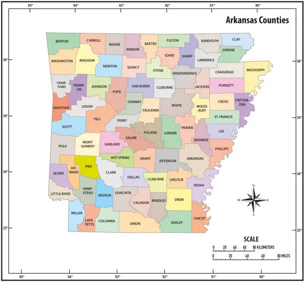 Vector illustration of Arkansas state outline administrative and political vector map in color