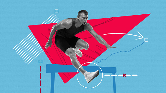Hurdling. Professional male athlete, runner jumping over obstacle on blue background with drawings. Modern design, contemporary creative art collage. Concept of sport, health, active lifestyle, ad