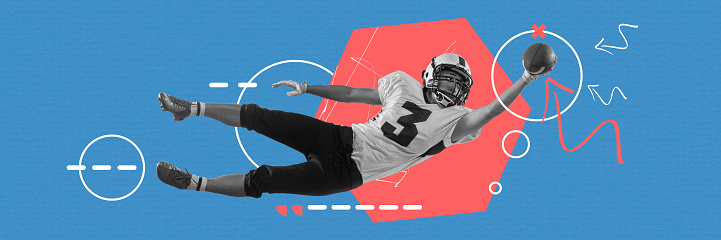 Contemporary art collage with american football player in sports uniform and protective equipment training with ball over blue background with drawings. Concept of professional competition, sport, ad
