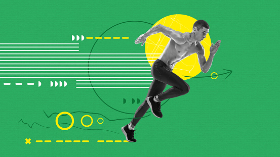 High speed. Contemporary art collage with young shirtless muscular man, professional athlete training, running over green stadium background. Concept of sport, competition, action and motion