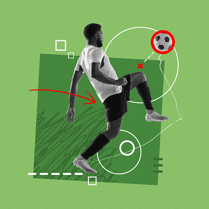 Contemporary art collage. Professional male soccer football player kicking the ball by knee over green background with drawings. Sport, achievements, media, betting, news, ad and hobby
